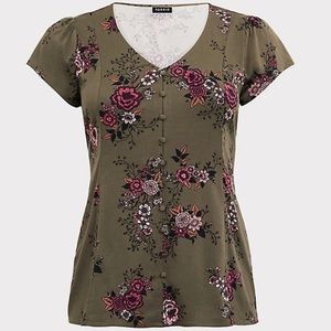 Torrid Olive Green Floral Challis Button Blouse